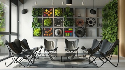 Wall Mural - A contemporary living room with a smart plant watering system, a wall of kinetic art, and a set of folding chairs