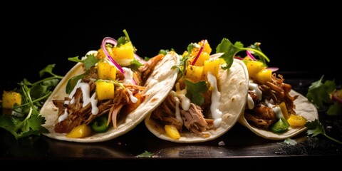 Three tacos with meat and cheese on a black plate. The tacos are topped with sour cream and onions