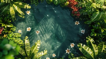 Wall Mural - A pond with a lot of green plants and flowers. The water is clear and calm