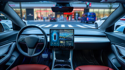 Aufkleber - In the interior of an electric car, there is a large screen which displays various information about driving and charging. Generative AI.