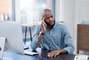 Poster - Man, work and thinking with headache in office, employee and online research for company or bad report. Burnout, mistake and pain or stress for project, professional and fatigue or mental health
