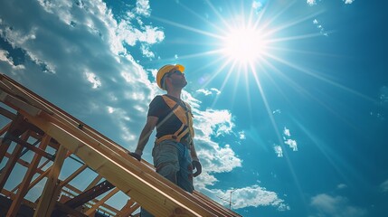 Poster - A builders on a worksite, building a house, blue sky and sunshine. Generative AI.