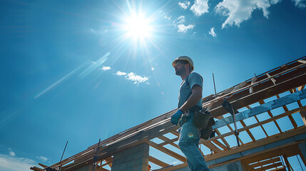 Poster - A builders on a worksite, building a house, blue sky and sunshine. Generative AI.