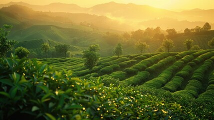 A lush green field with a beautiful sunset in the background. The field is full of trees and plants, and the sun is setting behind the mountains. The scene is peaceful and serene