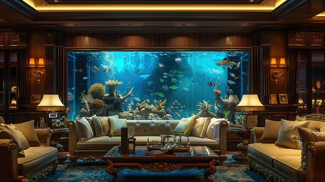 A high-end living room with a large custom-designed fish tank as the centerpiece, surrounded by luxurious furniture and ambient lighting to enhance the tranquil underwater scene