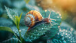 Snail crawling on a green leaf with bokeh background