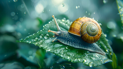 Wall Mural - Snail crawling on a green leaf with bokeh background