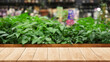 wooden table top and plant shop background. Generative Ai
