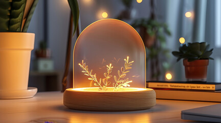 Poster - Mock up template transparent acrylic night light in white desk workspace. Generative AI.