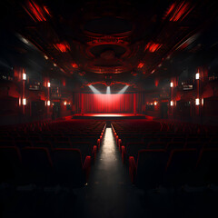 empty cinema auditorium with red curtains and spotlight. 3d rendering