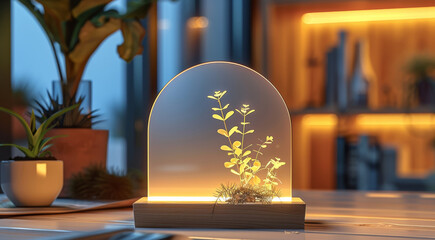 Poster - Mock up template transparent acrylic night light in white desk workspace. Generative AI.