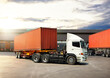 Semi Trailer Trucks on The Parking Lot in Warehouse. Truck Loading Goods at Warehouse. Container Shipping. Tractor Truck. Trucking. Lorry Diesel Trucks. Freight Truck Logistics Cargo Transport.	