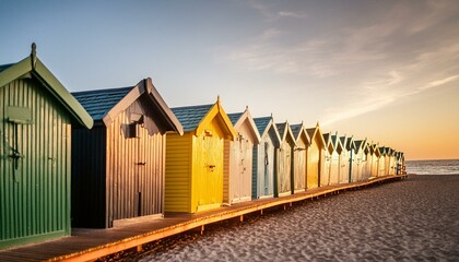 colorful array of beach cabins aligned along a sunlit boardwalk by the sea summer vacation backgroun