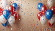 Background of red, white and blue balloons and confetti on a tan background. Generative AI.
