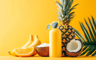 A pineapple and coconut wearing sunglasses and sunblock, standing against a bright, solid colored background