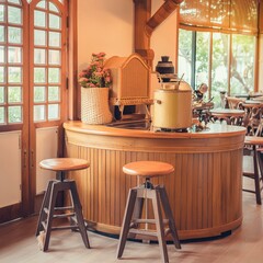 Interior design of cafe with wooden vintage style, decorated with warm and cozy tones, relaxing tones with classic old wood round corner counter and coffee machinery, Ai Generate