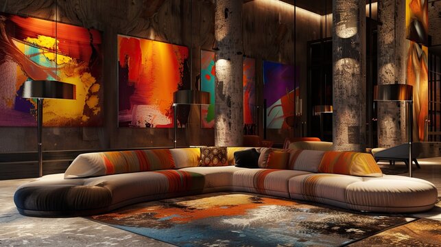 A luxurious living room with a custom-designed, wrap-around couch that follows the contours of the room, large floor lamps, and abstract art dominating the walls