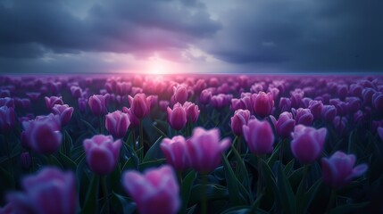 Aufkleber - Black and purple tulip field, dark blue sky. Generative AI.
