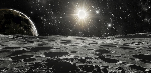 Poster - On the ground of the moon, the sun in the universe can be seen. Generative AI.