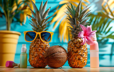 A pineapple and coconut wearing sunglasses and sunblock, standing against a bright, solid colored background