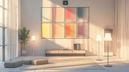 Wall Mural - A minimalist living room with a smart temperature control system, a wall of modular art pieces, and a set of adjustable floor lamps
