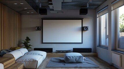 Wall Mural - A minimalist living room with a hidden projector screen, a recessed ceiling speaker system, and a low-profile couch