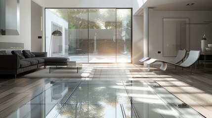 Wall Mural - A minimalist living room with an underfloor heating system, seen through transparent glass flooring, surrounded by sleek and simple furniture