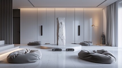 Wall Mural - A minimalist living room with a smart ambient sound system, a central stone monolith, and a set of floating bean bags