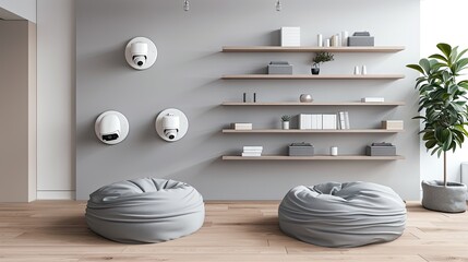 Wall Mural - A minimalist living room with a smart home security camera system, a wall of floating shelves, and a set of floor bean bags