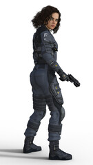 Futuristic military woman holding a gun and looking over her shoulder