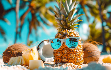 A pineapple and coconut wearing sunglasses and sunblock, standing against a bright, solid colored background