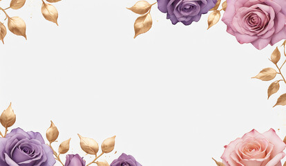 Wall Mural - Pink, purple, gold roses and rose petals on white background with copy space for text. Golden alcohol ink watercolor floral bloom banner for Mother’s Day or mauve wedding stationery