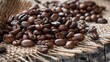 A close-up view of roasted coffee beans scattered on a rustic wooden table, super realistic