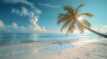 Aufkleber - On a tropical beach, a palm tree stands out against a blue sky and white clouds. Business travel and summer vacation concept. Generative AI.