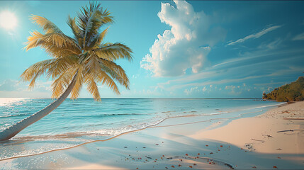Aufkleber - On a tropical beach, a palm tree stands out against a blue sky and white clouds. Business travel and summer vacation concept. Generative AI.