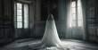 A beautiful white sheet ghost in different scenarios looking through various windows of a haunted house. Generative AI.
