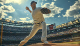 Fototapeta  - A baseball pitcher throwing the ball, with a crowded stadium in the background. Generative AI.