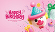 Happy birthday clown balloons vector design. Happy birthday greeting text with clown inflatable, gifts, cup cake and confetti elements for kids party pink background. Vector illustration birthday 