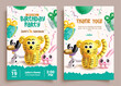 Happy birthday 1st vector template design. Birthday party 1st invitation card with lion, dog, bunny and gift balloons inflatable elements for greeting back and front design. Vector illustration 