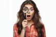 surprised woman Looking through a magnifying glass on white background