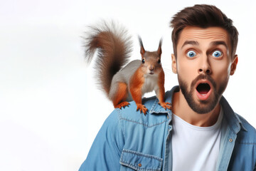 surprised man with squirrel on his shoulder on white background