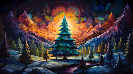 Wall Mural - Festive Winter Wonderland Illustration: Decorated Christmas Tree in a Snowy Night Landscape