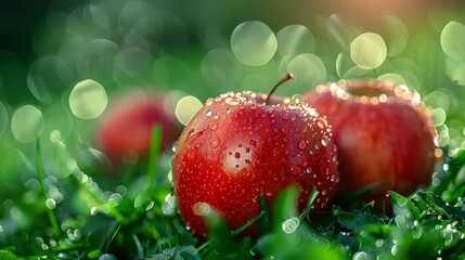 Wall Mural - Fallen red apples with water droplets on vibrant green grass. Copy space