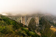 Bixby Bridge enveloped in fog, surrounded by lush greenery in Big Sur