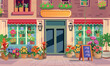 Flower  store. Exterior of a flower shop. Beautiful showcases with many flowers Large set of indoor plants and flowers.Set of flowers in pots on a white background, hand drawing vector in cartoon.