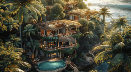 Wall Mural - Complex shaped villas, made from palm trees near sea. top view. Generative AI.