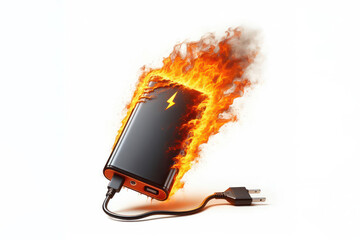 power bank catches fire whilst charging. Fire hazard from device isolated on white background