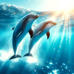 Wall Mural - Dolphin swimming in the ocean. 3D render. Underwater. Two dolphins jump and peek out of the wide beautiful sea under the blue sky with big white clouds.3D illustration 3D rendering