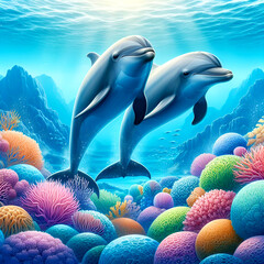 Wall Mural - Dolphin swimming in the ocean. 3D render. Underwater. Two dolphins jump and peek out of the wide beautiful sea under the blue sky with big white clouds.3D illustration 3D rendering