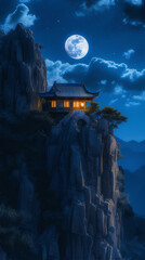 Wall Mural - Asian traditional house with light on the edge of rock cliff at night with full moon